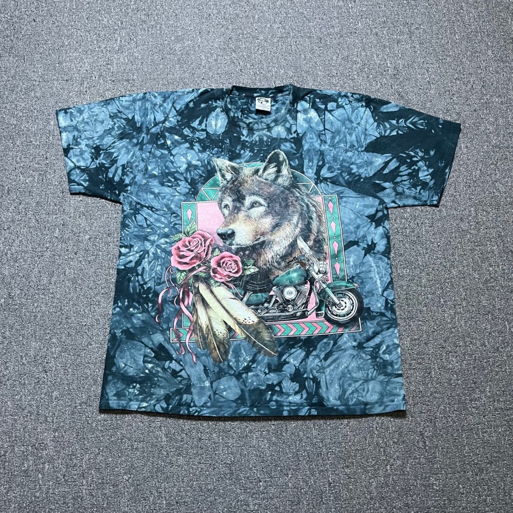 Vintage Back To Earth Wolf Motorcycle T-Shirt XL Blue‎ Tie Dye Nature 90s USA